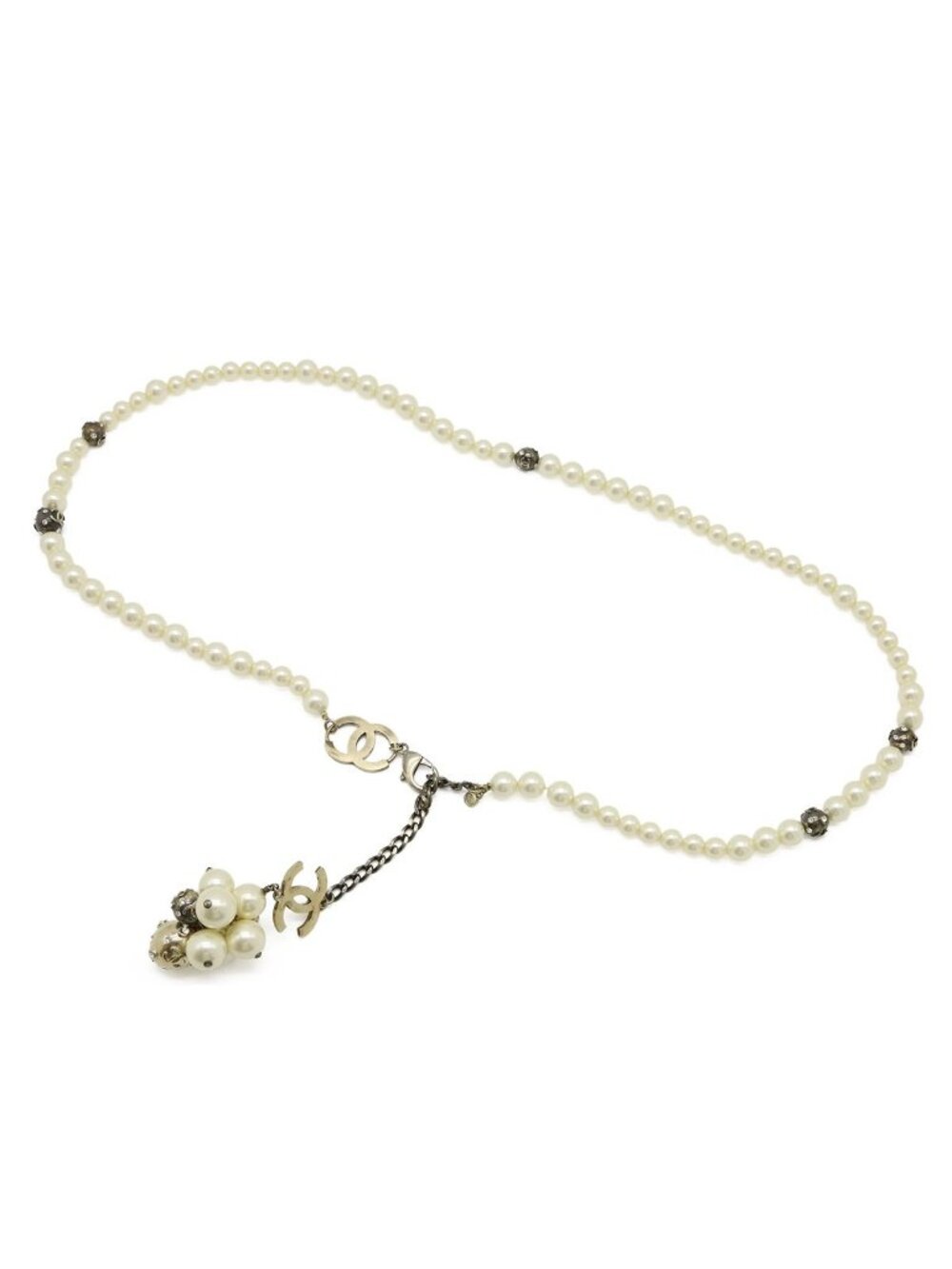 Chanel CC Logo Chain Belt Costume Pearl Rhinestone Cream Gold Gunmetal 04A